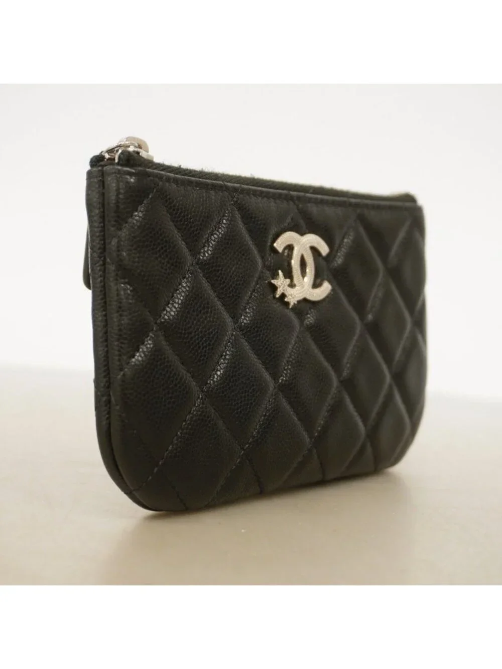 Chanel Coin Case Quilted Caviar Leather Black Silver